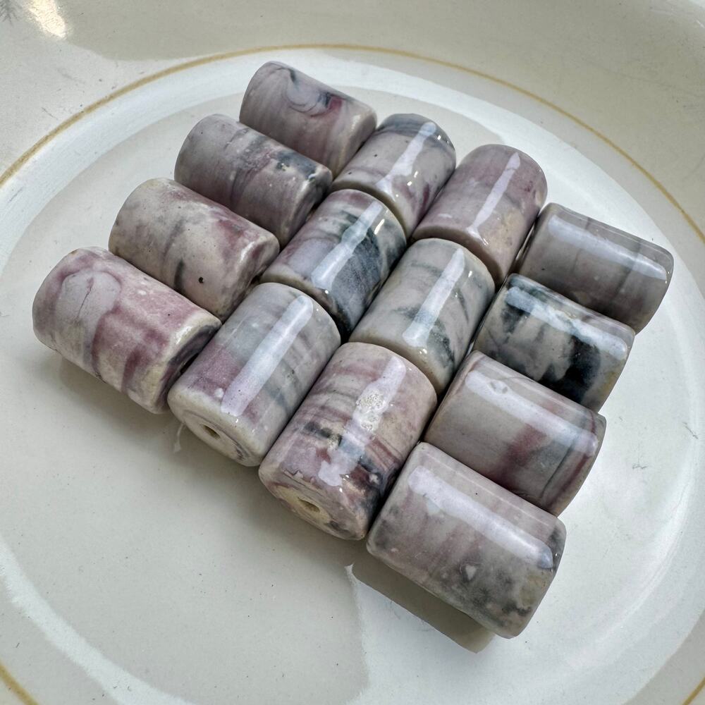 Porcelain Ceramic Barrel Beads Large Marbled Purple Swirl Glaze Lot of 14
